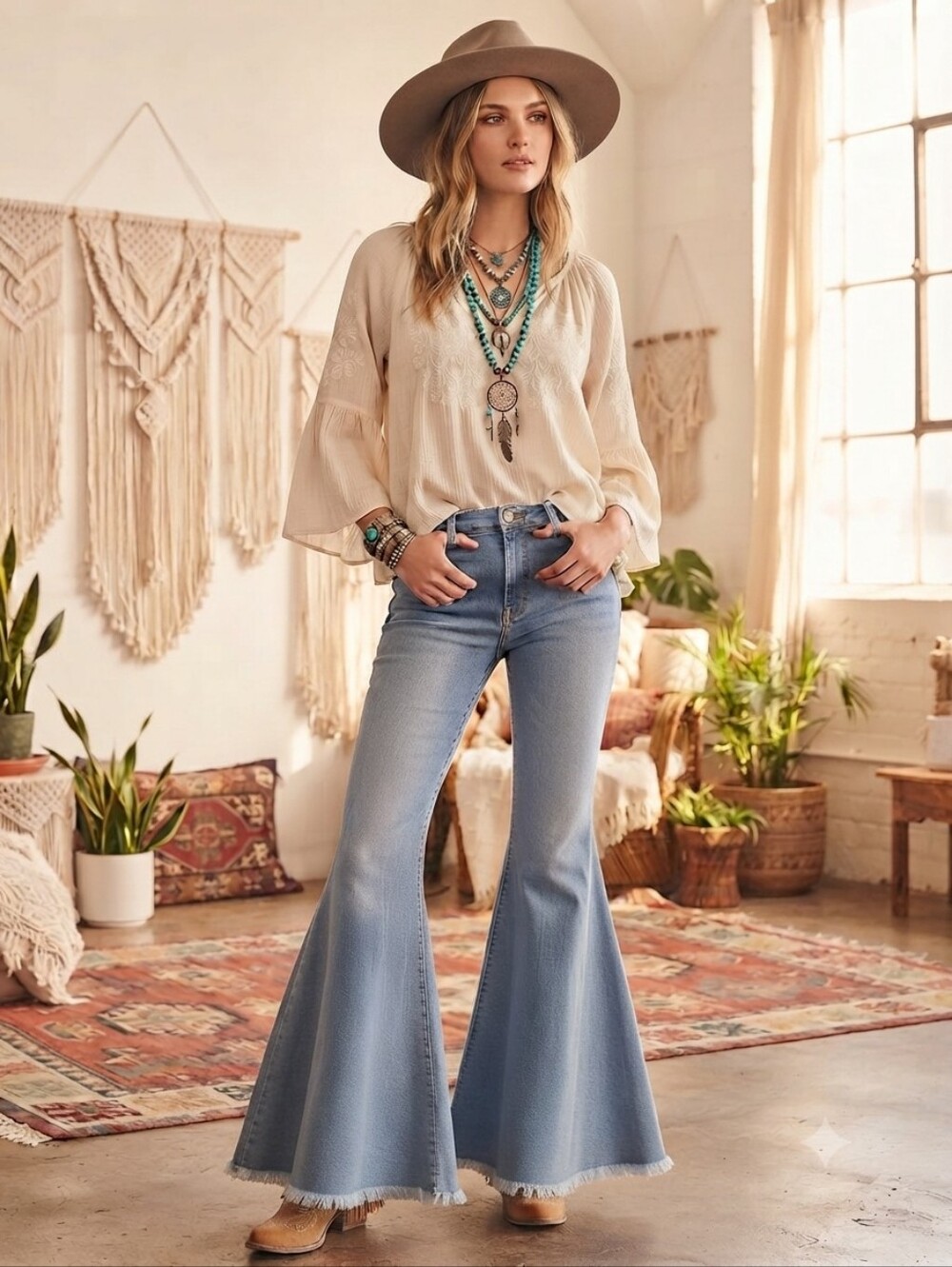 Chelsea & Violet Boho Slim Fit Stretch Bell Bottom Jeans Size 27 Blue Raw Hem